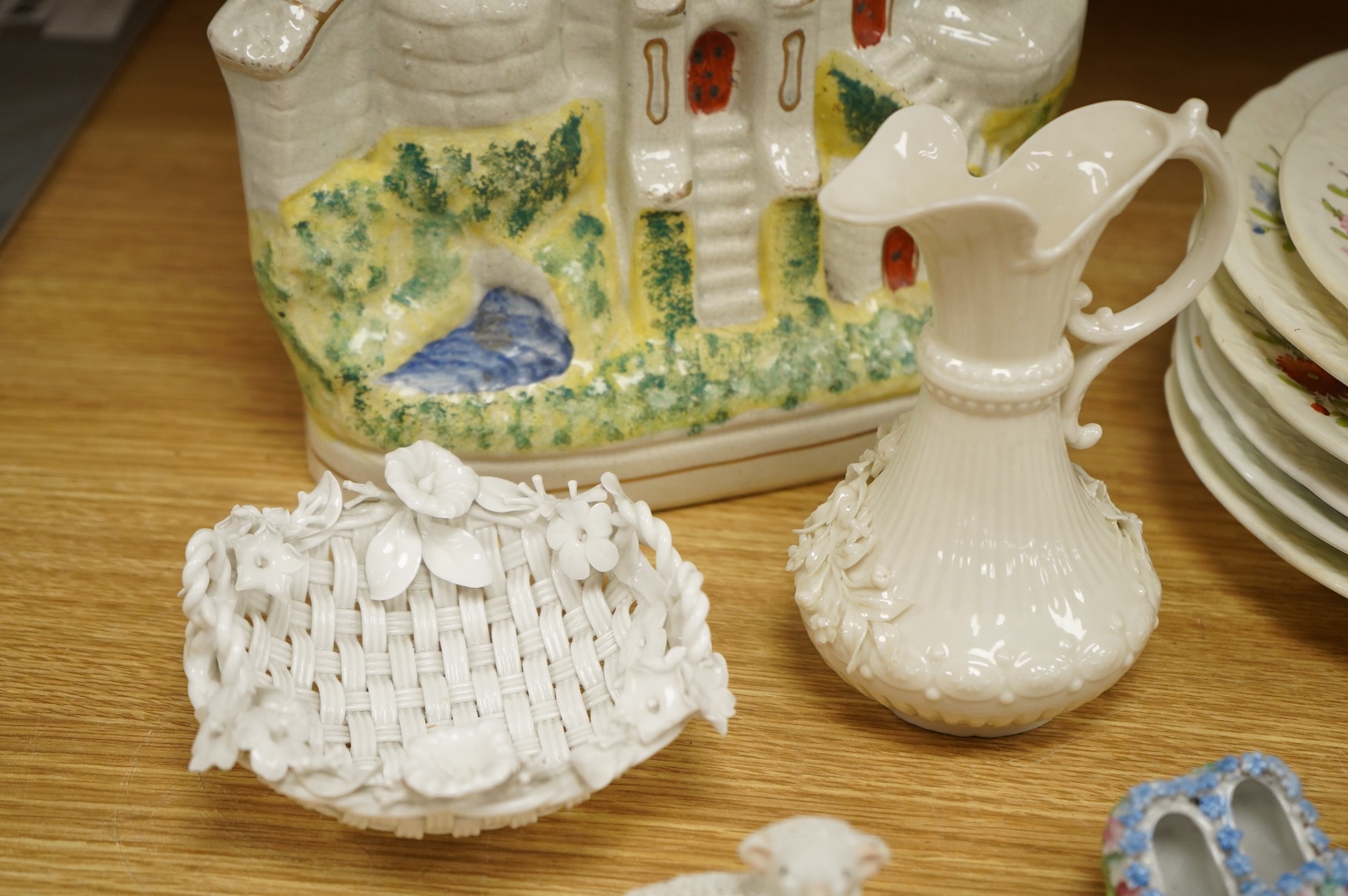 A set of six early 19th century English porcelain plates, impressed anchor mark, Belleek ewer, and other items (15)